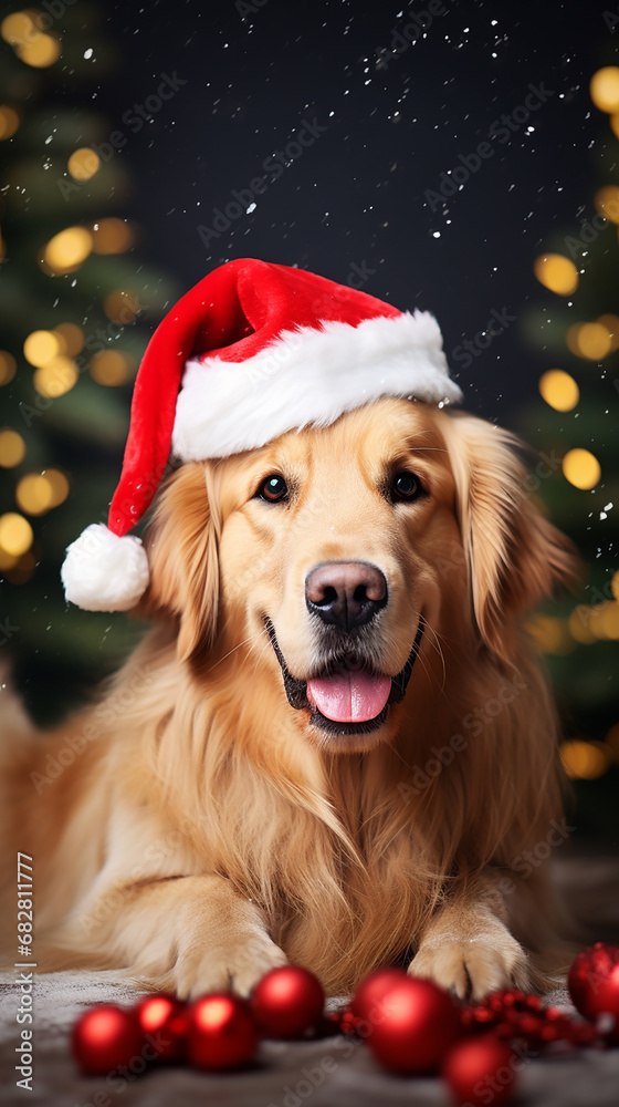 golden retriever com boné de Natal, decorações de Natal em um fundo com neve e árvore de Natal