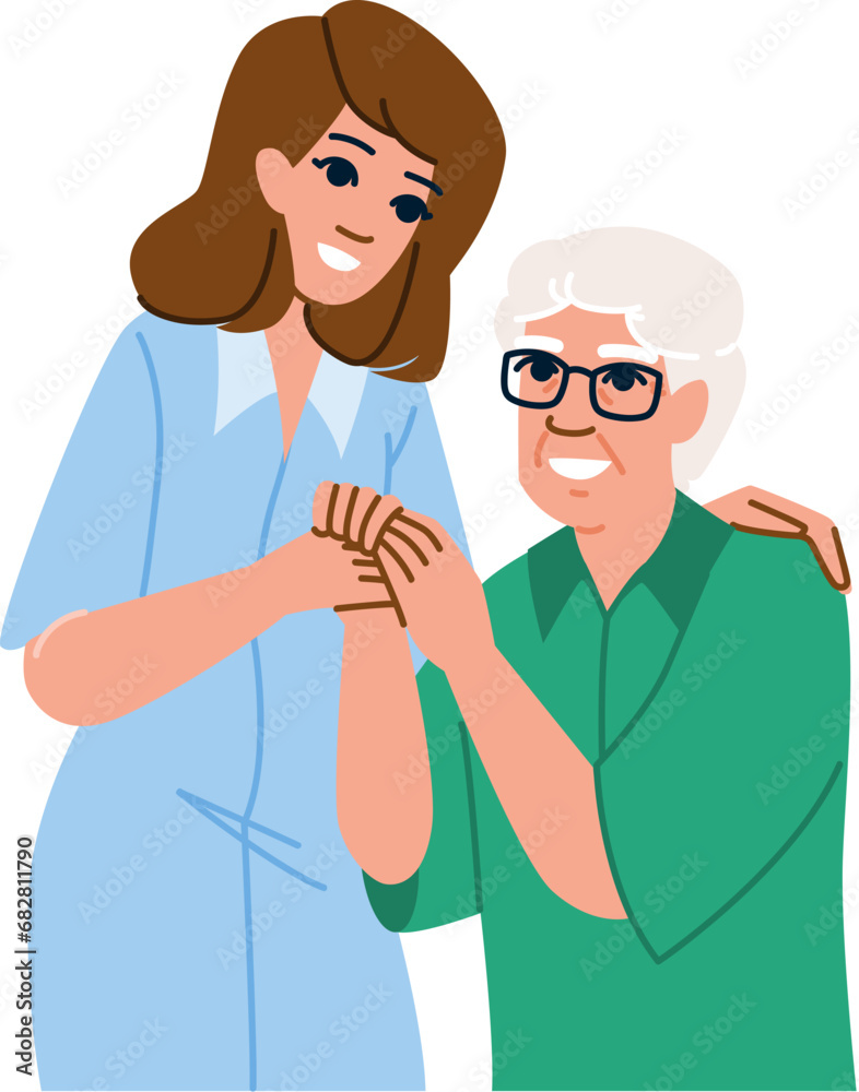 health geriatric care senior patient vector. old woman, giver medical, disease elderly health geriatric care senior patient character. people flat cartoon illustration
