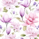 Floral Elegance: Seamless Watercolor Purple and Pink Flowers with Grey Leaves