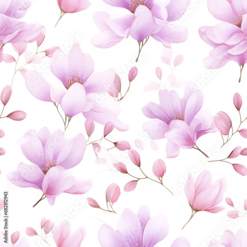 Floral Elegance: Seamless Watercolor Purple and Pink Flowers with Grey Leaves