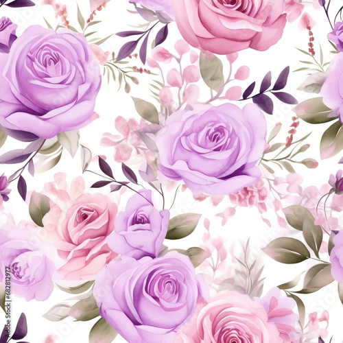 Floral Elegance: Seamless Watercolor Purple and Pink Flowers with Grey Leaves