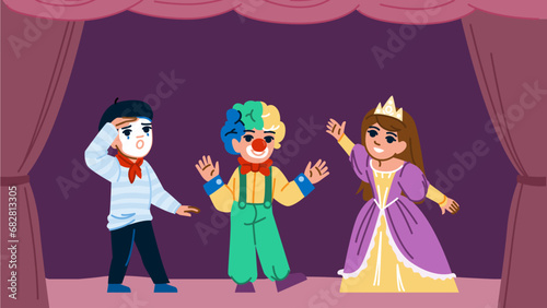 show kids theater vector. child kid, boy stage, play costume show kids theater character. people flat cartoon illustration