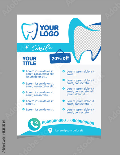 Dental clinic advertising Flyer, poster vector template. high quality dental clinic services and discount icons, contact and location text and image combination advertising. 