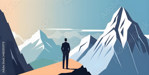 Smart businessman professional for success invest business standing on top of mountain