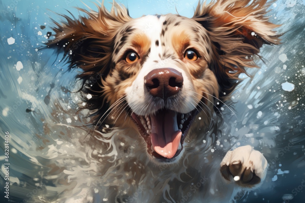 Boisterous Dog splashing water fun. Wet action. Generate Ai