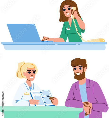 reception medical office receptionist vector. hospital clinic, health female, job doctor reception medical office receptionist character. people flat cartoon illustration