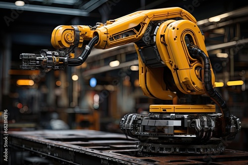 AI image of a yellow robot arm in a futuristic industrial warehouse with metallic details.by Generative AI.