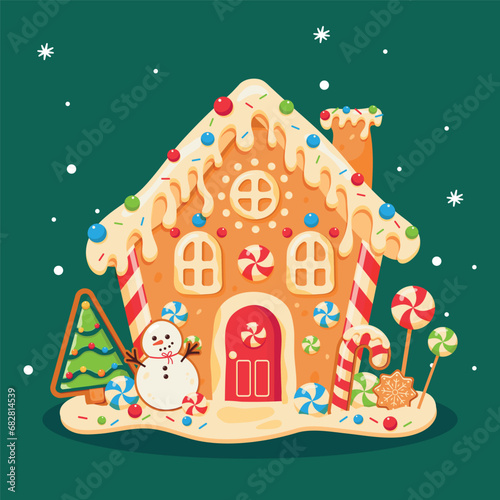 Baked  Gingerbread christmas candy cookies decorative food for winter celebration time vector stylized funny house. Cute vector illustration with snowman.Gingerbread house, cookie christmas tree card.