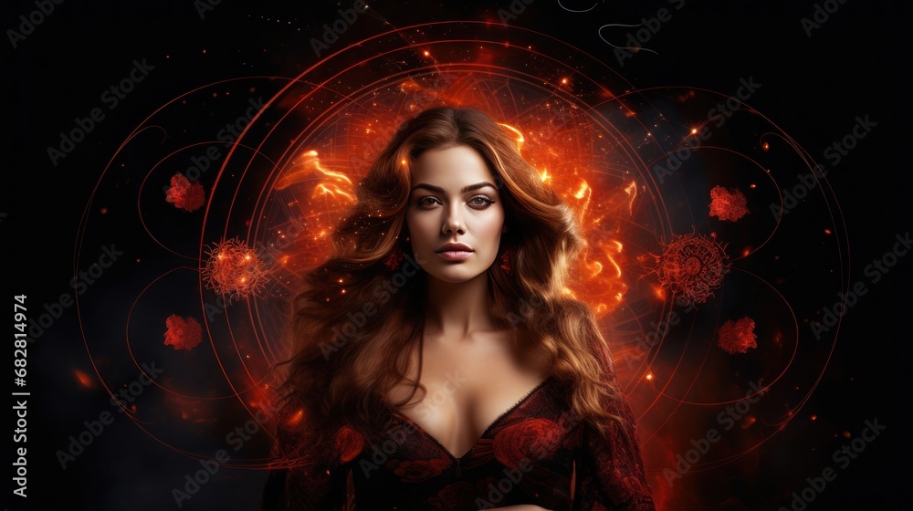 beautiful girl with brown hair, zodiac Scorpio, on a fiery background, banner, poster