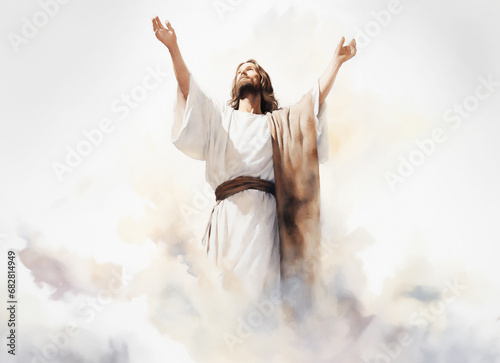 Jesus Christ the Lord with his arms raised to the sky - Abstract illustration with brush strokes and canvas texture - White Background - Resurrection Concept Art 