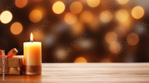 Christmas background. Wooden background closeup with blurred Christmas tree and gifts against the backdrop of the fireplace and holiday lights.