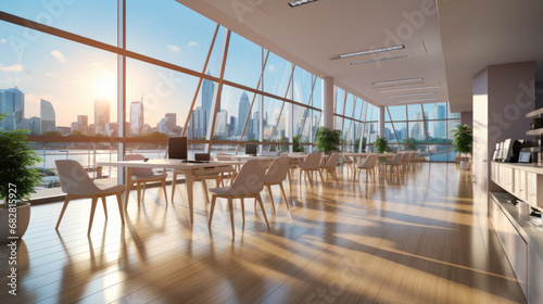 A beautiful modern spacious office hall with panoramic windows and a perspective in pleasant natural beige