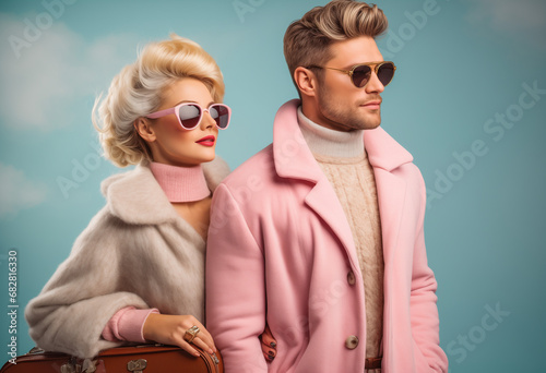 man and woman in pastel clothes travel. Winter Concept 