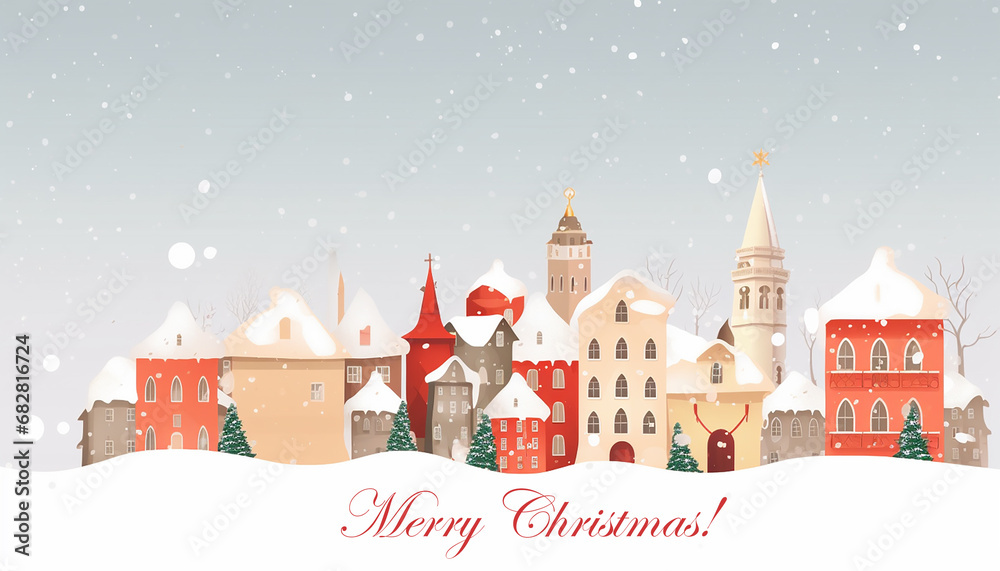 Stylish Christmas greeting card. Merry Christmas. City houses in snow.