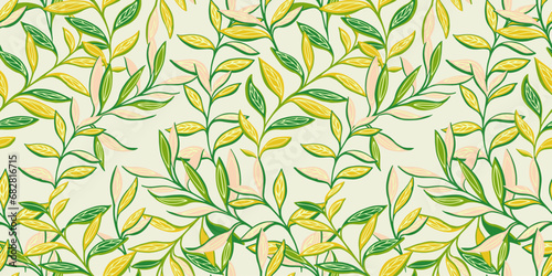 Creative simple  leaves intertwined in a seamless pattern. Trendy, modern, colorful yellow green leaves. Vector hand drawn sketch. Template for textile, fashion, print, surface design, fabric