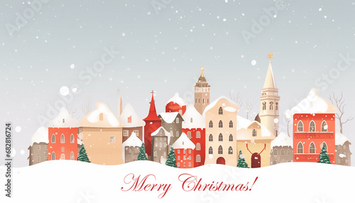 Stylish Christmas greeting card. Merry Christmas. City houses in snow.