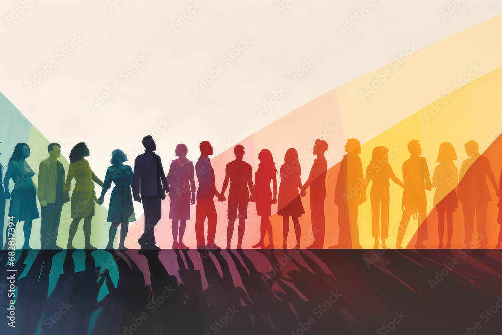 Diverse Human Chain Silhouettes in Rainbow Colors Diverse Human Chain Silhouettes in Rainbow Colors