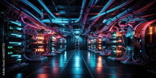 A complex set of wires and cables converge in data center where server process and transmit data around the world. Data infrastructure storage.by Generative AI.