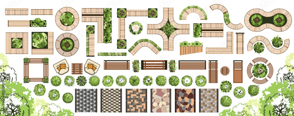 Top view elements for the landscape design plan. Trees and benches for architectural floor plans. Maze garden. Various trees, bushes, and shrubs. Vector illustration. - obrazy, fototapety, plakaty 