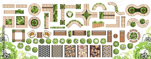 Top view elements for the landscape design plan. Trees and benches for architectural floor plans. Maze garden. Various trees, bushes, and shrubs. Vector illustration. photo