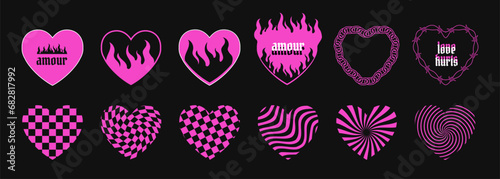 Retro pink heart symbols, stickers, decorative romantic elements in Y2K techno crazy aesthetics with flames, gothic text, chains chessboard and stripe textures. Vector illustration.