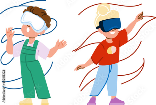 technology vr virtual reality kid vector. headset device, tech modern, digital entertainment technology vr virtual reality kid character. people flat cartoon illustration