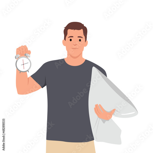 Man is standing with a pillow and a clock. Flat vector illustration isolated on white background