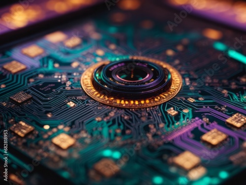 Big data technology cyberspace motherboard microchip circuit board computer processor neon light