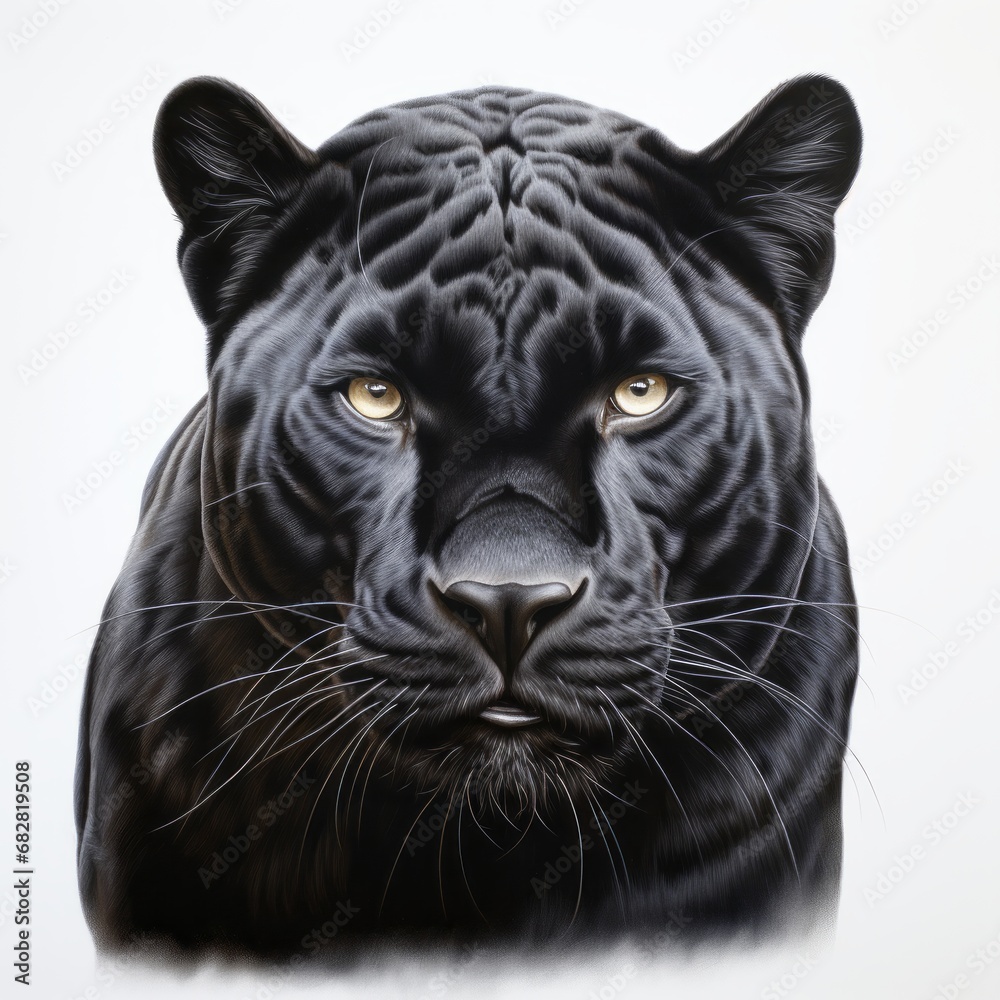 Wild cat black panther photorealism style on white background
