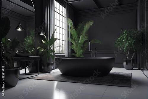 Stylish interior of bathroom in black colors with black bath and decorative plants in flowerpots in modern house. photo