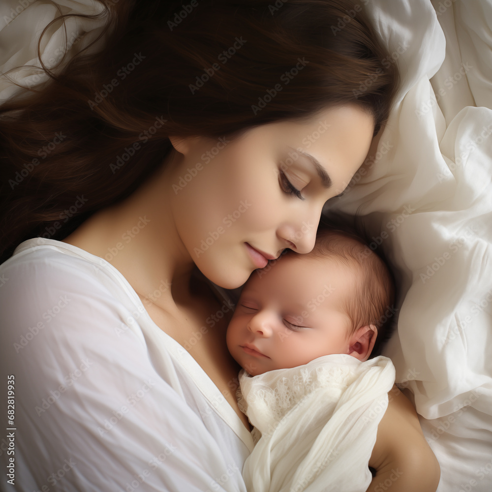 newborn baby sleeping with mother on white background
