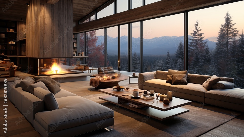 Interior of modern spacious living room in luxury mountain chalet. Comfortable cushioned furniture, coffee table, fireplace. Wood trim, large panoramic windows. Contemporary interior design. - obrazy, fototapety, plakaty 