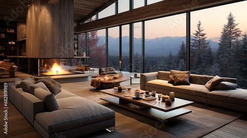 Interior of modern spacious living room in luxury mountain chalet. Comfortable cushioned furniture, coffee table, fireplace. Wood trim, large panoramic windows. Contemporary interior design.