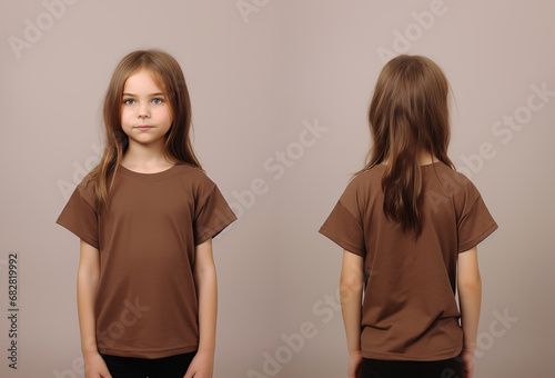 Front and back views of a little girl wearing a brown T-shirt