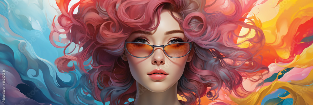 wide banner Illustration of a pretty women face with colorful hairstyle wide banner Illustration of a pretty women face with colorful hairstyle