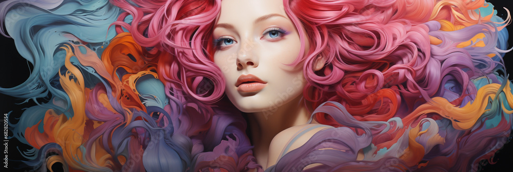 wide banner Illustration of a pretty lady face with colorful painted hairstyle wide banner Illustration of a pretty lady face with colorful painted hairstyle