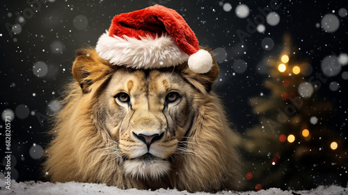 leão com boné de Natal, decorações de Natal em um fundo com neve e árvore de Natal