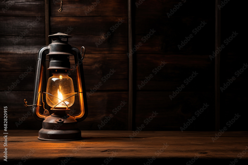 Vintage kerosene lamp on rustic wooden table in dark room
