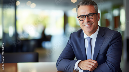 Foto Middle aged male business executive smiling in office wearing glasses