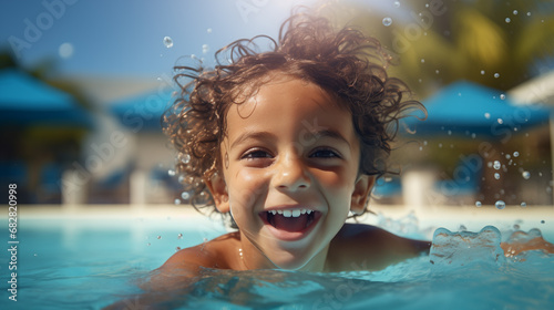 The little boy smiled happily and had fun playing in the pool.