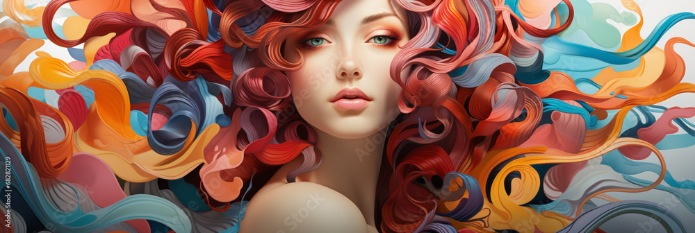 A beautiful lady with colorful hair illustration wallpaper with abstract neon pink color paint effect