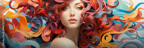 A beautiful lady with colorful hair illustration wallpaper with abstract neon pink color paint effect