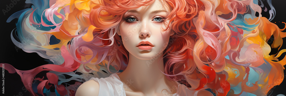 A beautiful web banner of lady with colorful hair illustration abstract neon pink color paint effect