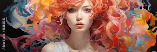 A beautiful web banner of lady with colorful hair illustration abstract neon pink color paint effect