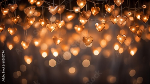 A close-up of heart-shaped fairy lights hanging gracefully from a ceiling fixture.