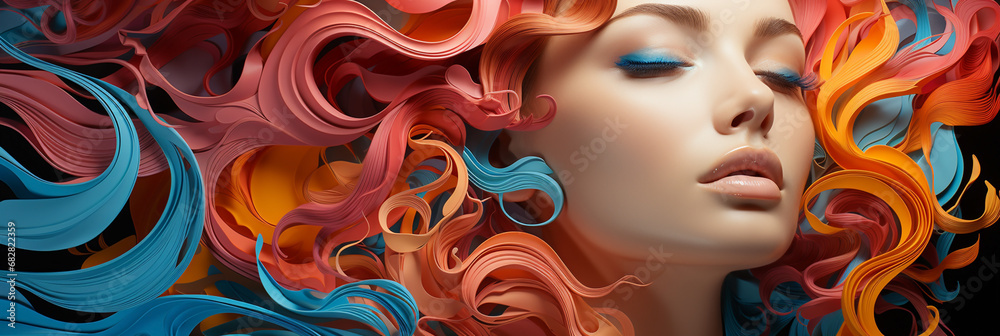 Wide colorful illustration of a women face looking at the camera, sleepy eyes and sexy lips, wavy spread  hair dye, abstract digital drawing
