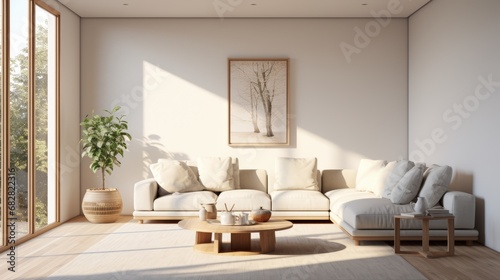 Interior of stylish spacious living room in luxury cottage. Comfortable beige cushioned furniture  rustic wooden coffee table  large painting on the wall  panoramic windows with garden view.