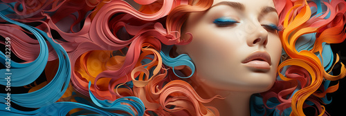 Wide colorful illustration of a women face looking at the camera, sleepy eyes and sexy lips, wavy spread hair dye, abstract digital drawing