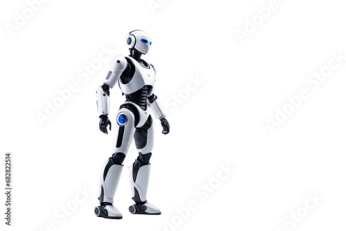 a high quality stock photograph of a single ai robot full body isolated on a white background