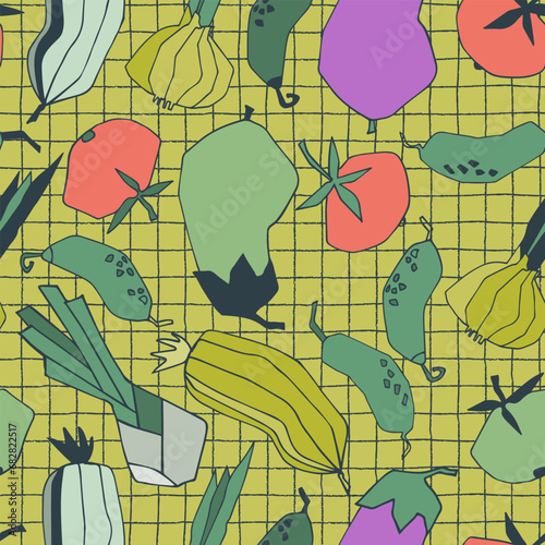Seamless repeating pattern with vegetables and plaid. Stylized vector line art. Abstract colorful trendy illustrations on blue background. Healthy food, carbs, veganism concept